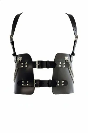 Black Faux Leather Body Harness Women Wide Waist Panels Adjustable Straps Silver Chains
