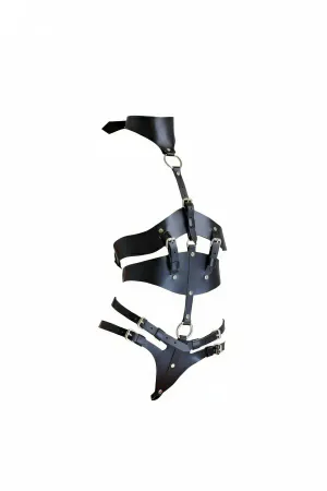 Black Harness Suit with Adjustable Buckle Leather Body Corset - APFT1321