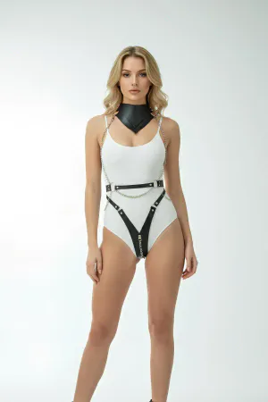 Black Harness Suit Chain Detailed Zippered Body Belt - APFT1329