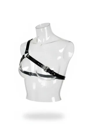 Black Faux Leather Asymmetric Chest Harness with Adjustable Buckle Straps and Silver O-Ring Detail