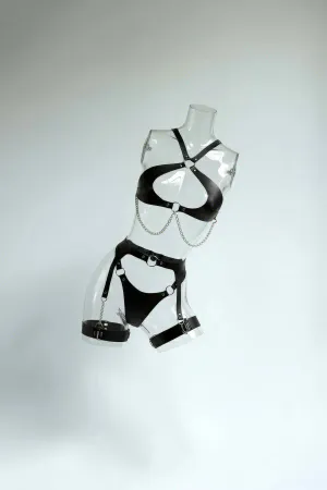 Black Harness Suit Chain Detailed Faux Leather with Garter - APFT1330