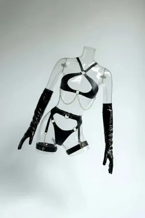 Black Harness Suit Chain Detailed Leather Body Belts - APFT1330
