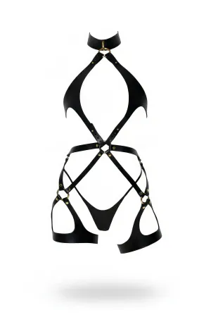 Black Harness Suit High Collar Ring Detailed Leather - APFT1331