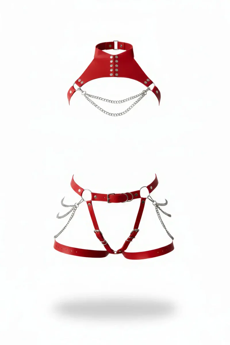 Red Faux Leather Two-Piece Body & Garter Harness Set with Silver Chains and Studs