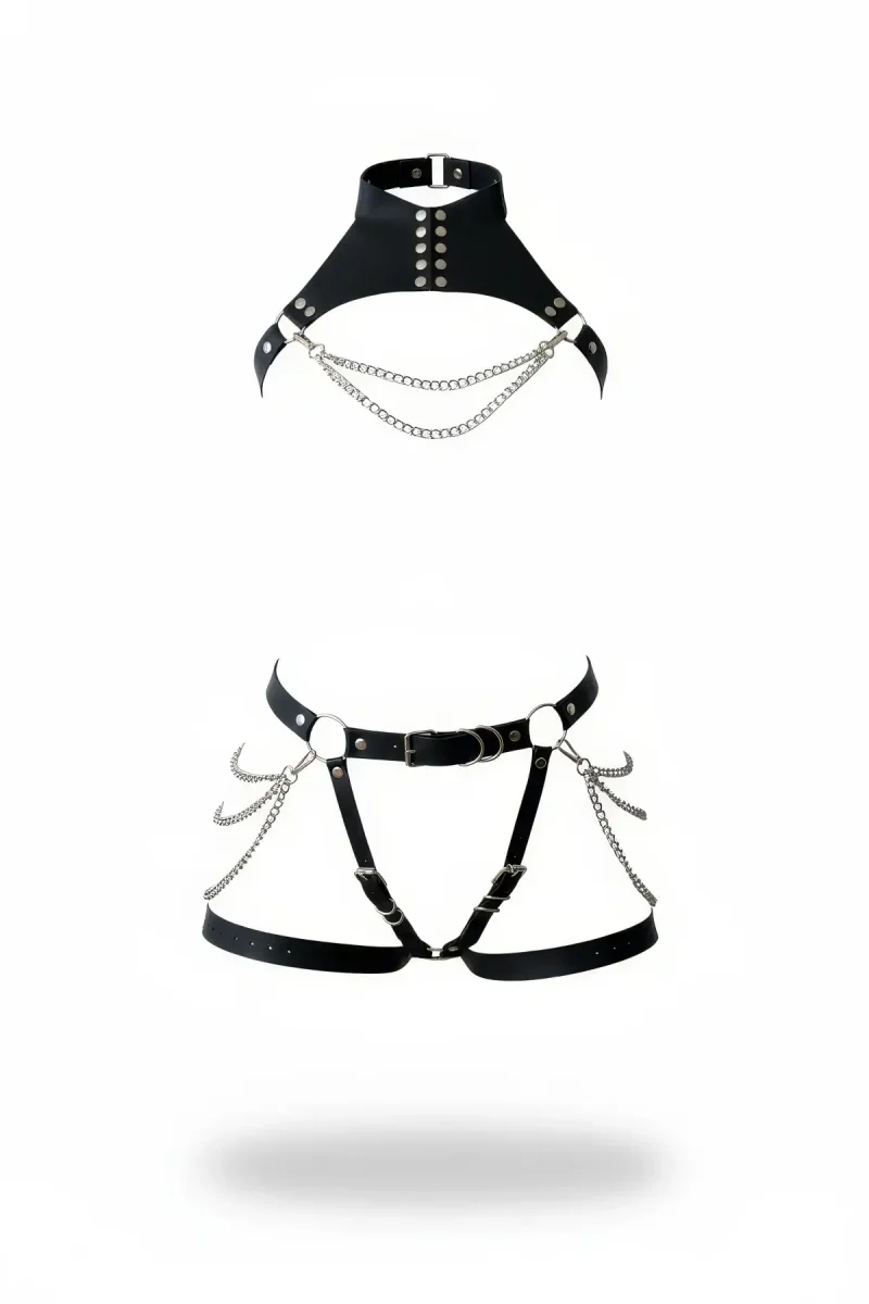 Black Faux Leather Choker Chest Harness and Thigh Garter Set with Draping Silver Chains