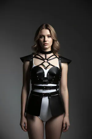 Black Faux Leather Harness Skirt Set | Studded Peplum Design