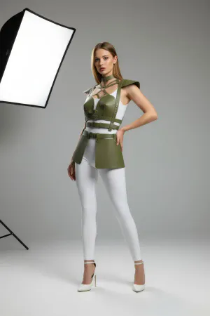 Faux Leather Harness Vest & Skirt Set – Khaki Edgy Style