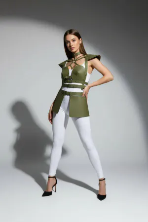 Faux Leather Harness Vest & Skirt Set – Khaki Edgy Style