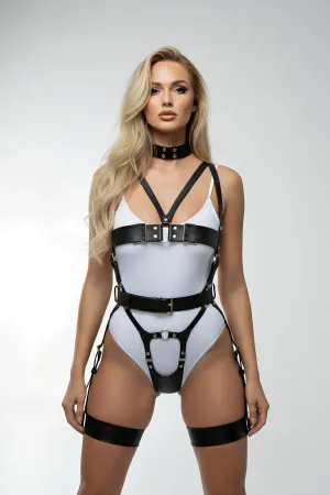 Black Harness Suit with Leather Full Body Collar - APFT1378