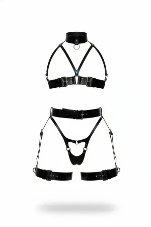Black Harness Set with Leather Buckle and Choker Detail - APFT1378