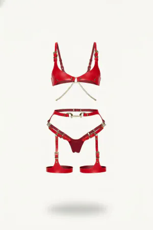 Red Harness Suit Leather Material Chain Detailed - APFT1379