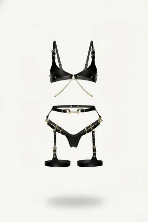 Black Harness Suit with Leather Chain Detail and Buckle - APFT1379
