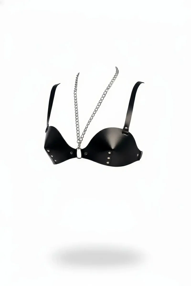 Black Faux Leather Studded Bustier Harness with Detachable Silver Chain