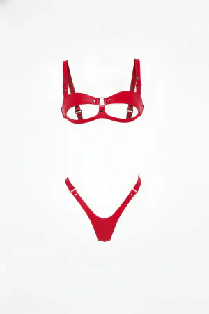 Red Harness Set Shiny Leather Open Cup Bra Thong Set - APFT1382
