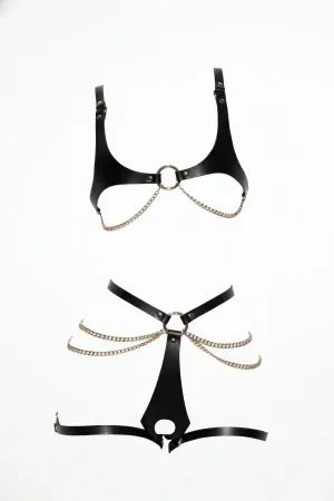 Black Harness Suit Chain Detailed Leather Body Accessory - APFT1384