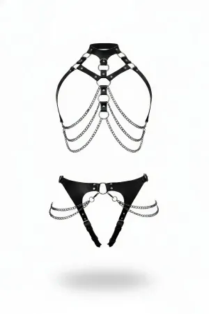 Black Harness Suit Chain Detailed Ring Body Accessory - APFT1387