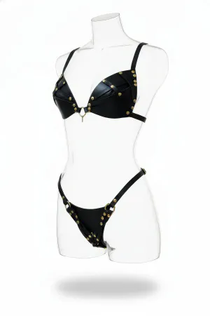 Black Harness Set with Faux Leather Staple Detail - APFT1391