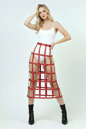 Red Faux Leather Cage Skirt Harness Grid Pattern Front View