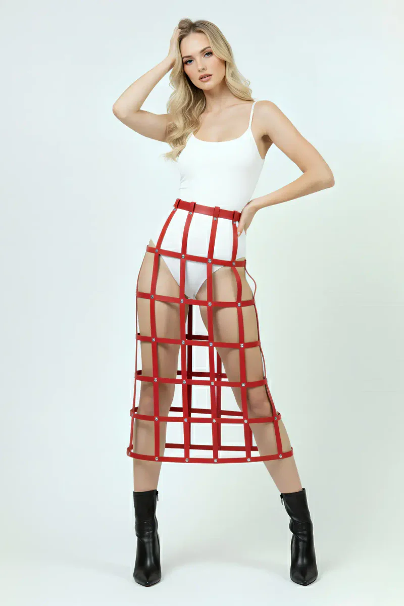 Red Vegan Leather Cage Skirt Layer