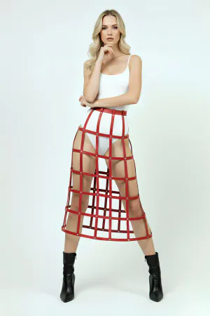 Red Faux Leather Cage Skirt Harness Grid Pattern Front View