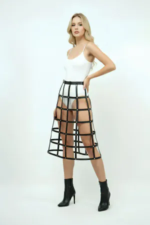 Leather Cage Skirt - Black Midi Harness Style Statement Piece
