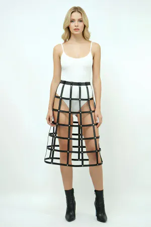 Leather Cage Skirt - Black Midi Harness Style Statement Piece