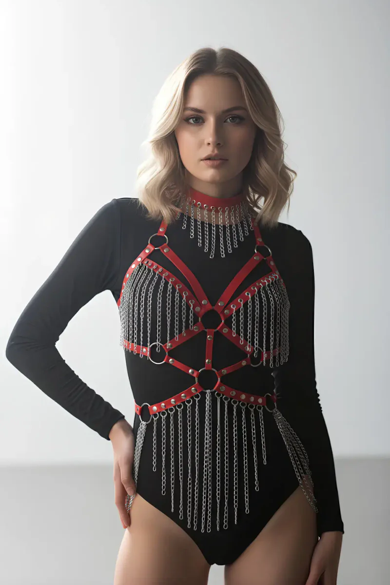 Women's Red Chain Body Harness with Draped Metal Detailing