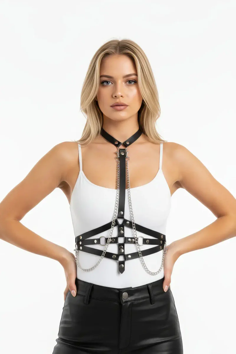 Black Vegan Leather Chest Harness Front View