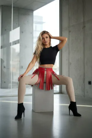 Red Fringe Skirt with Leather Tassels & Buckle Detail
