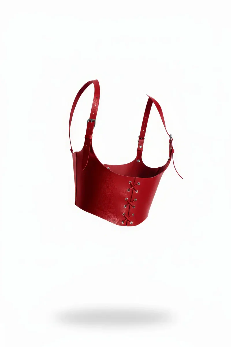 Red Faux Leather Underbust Harness Top with Front Lacing and Adjustable Shoulder Straps