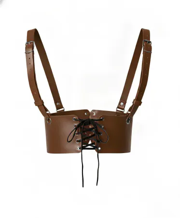 Brown Faux Leather Underbust Corset Harness Black Lace-Up Front Adjustable Shoulder Straps