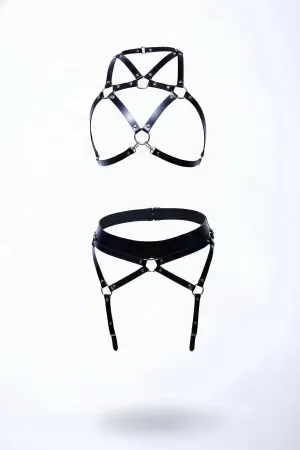 Black Harness Suit Leather Body Belt with Metal Ring Detail - APFT152