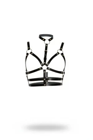 Black Faux Leather Cage Bra Harness with Choker and Silver O-Rings