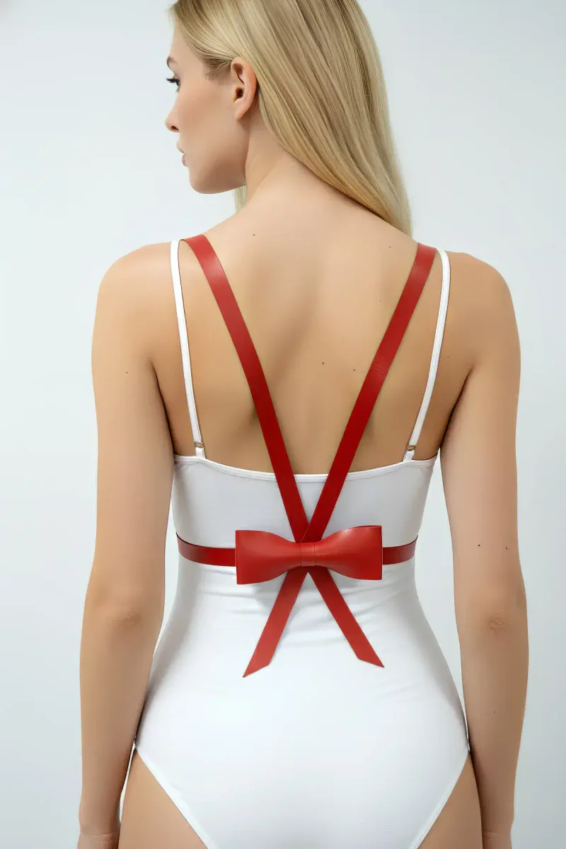 Red Vegan Leather Waist Harness Back