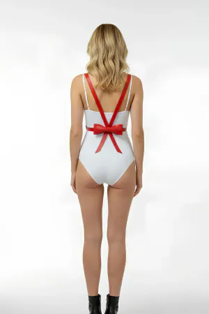 Red Faux Leather Waist Harness with Back Bow Detail Worn