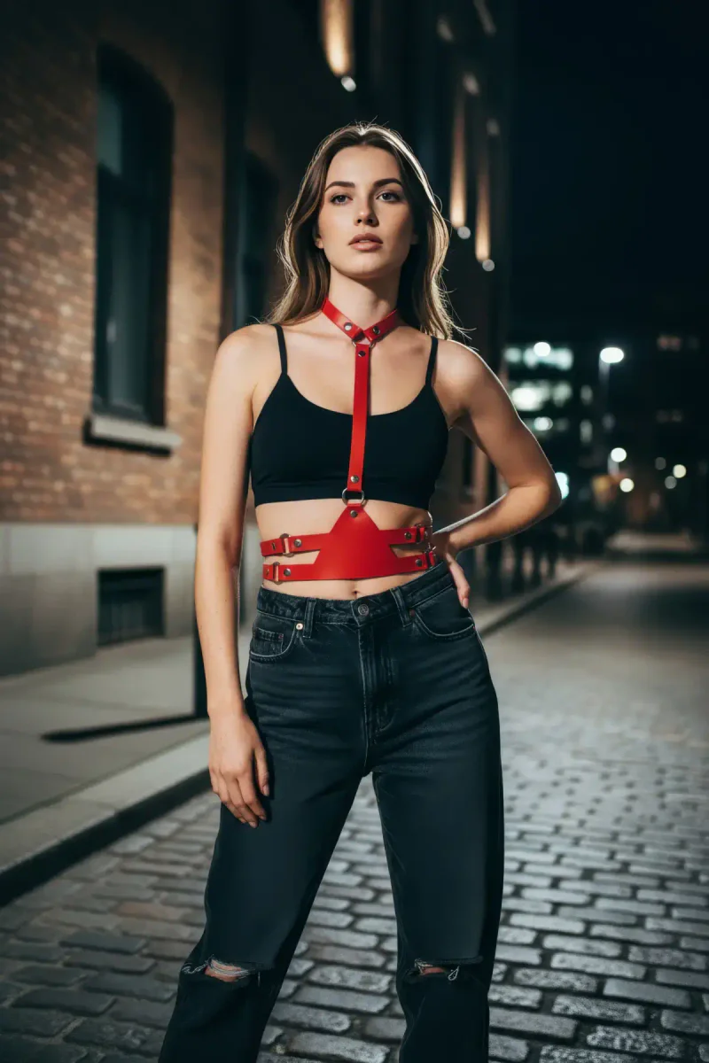 Red Women's Belt Leather Multi-Buckle Body Accessory - APFT17