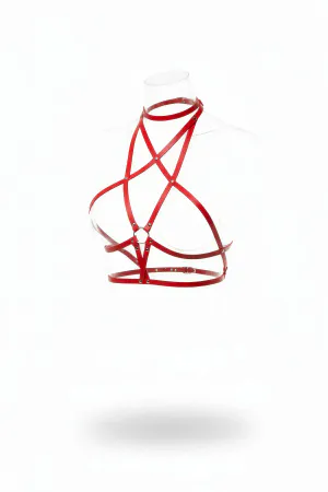 Red Faux Leather Star Caged Chest Harness Women High Neck