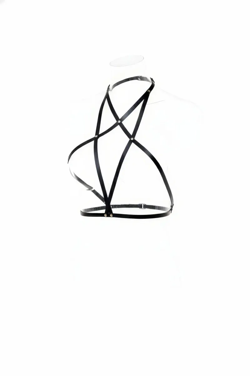 Black vegan leather interwoven strap body harness front view