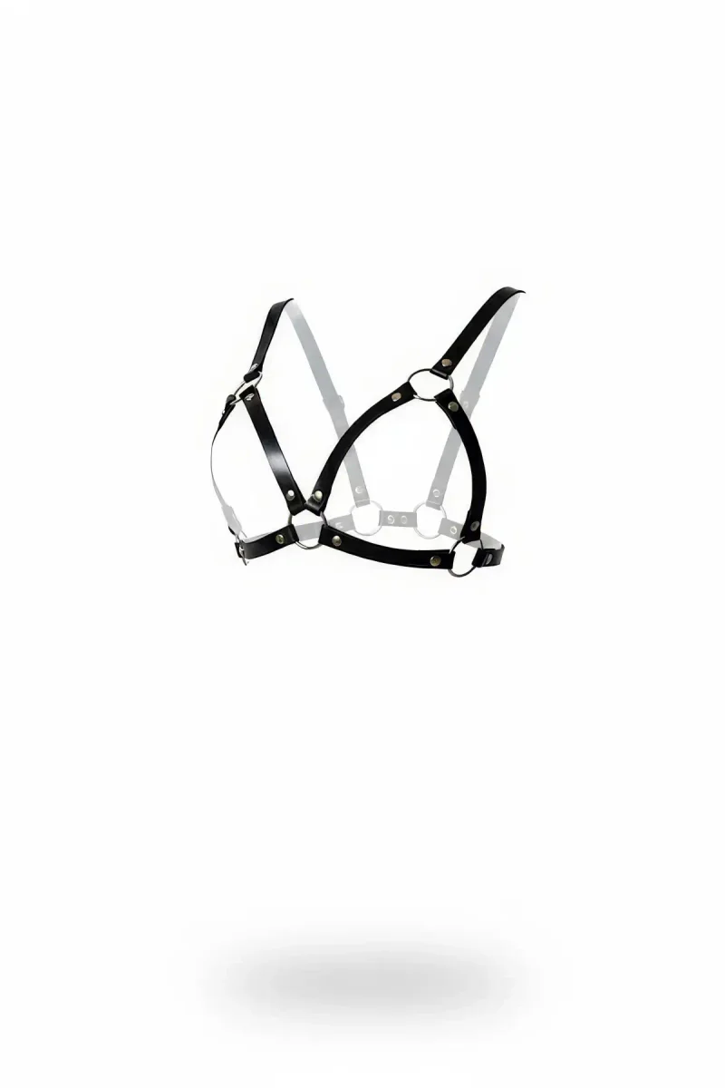Black Faux Leather Chest Harness Bralette with Silver O-Rings