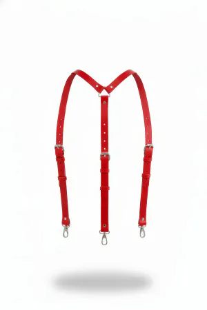 Red Faux Leather Suspender Harness with adjustable shoulder straps, silver O-ring, and three lobster clasps