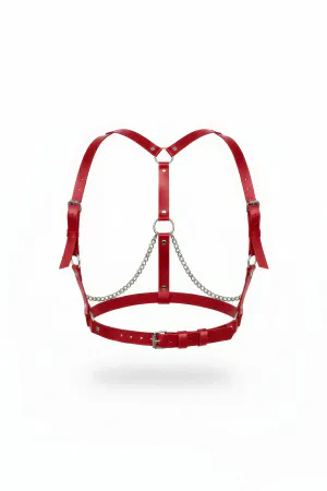 Red Faux Leather Body Harness with Draped Silver Chains and Central O-Ring Hardware