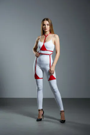 Red Harness Suit Leather Adjustable Full Body Set - APFT226