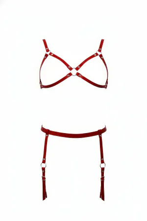 Red Harness Set with Leather Garter Detail and Metal Ring - APFT228