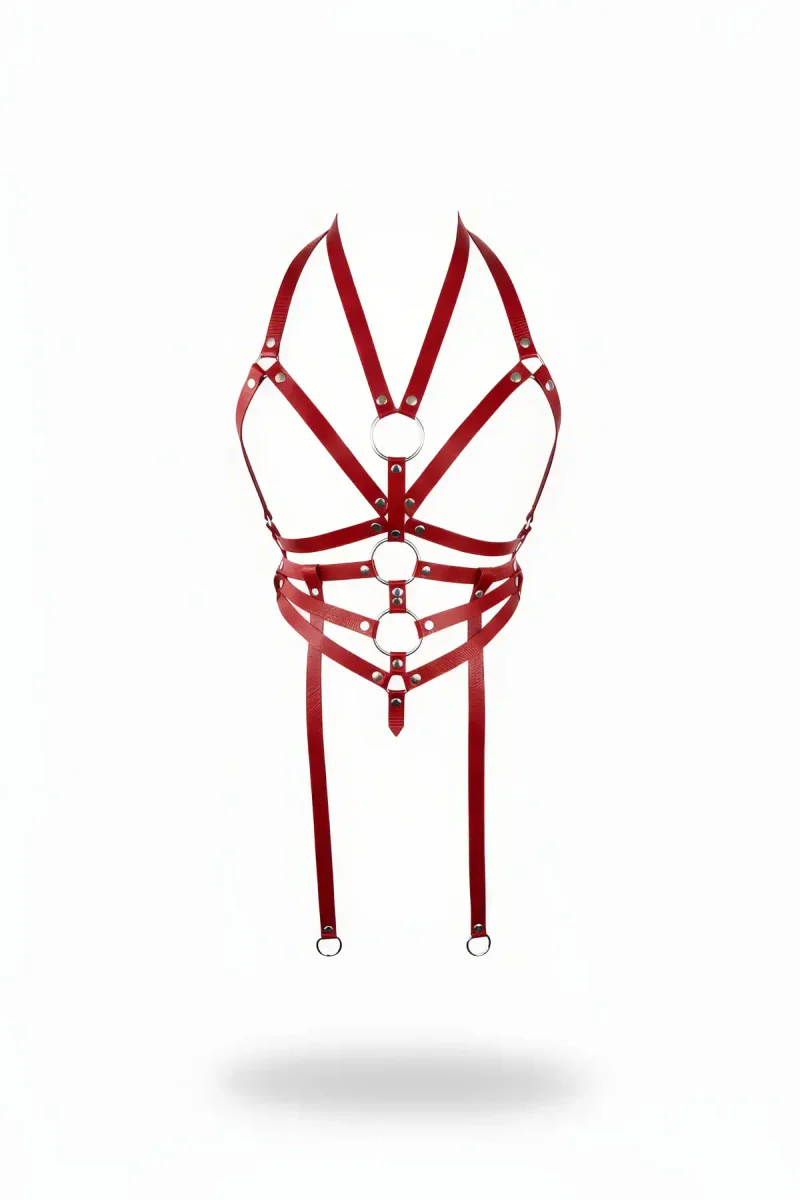 Red Vegan Leather O-Ring Halter Chest Harness with Silver Hardware