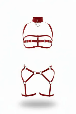 Red Harness Suit High Collar With Buckle Metal Ring Detail - APFT242