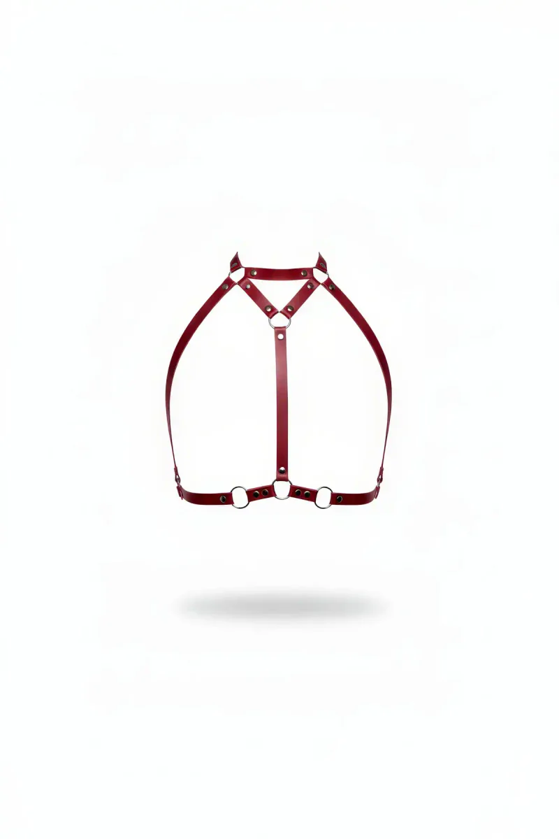 Burgundy Faux Leather High Collar Chest Harness O-Ring Details