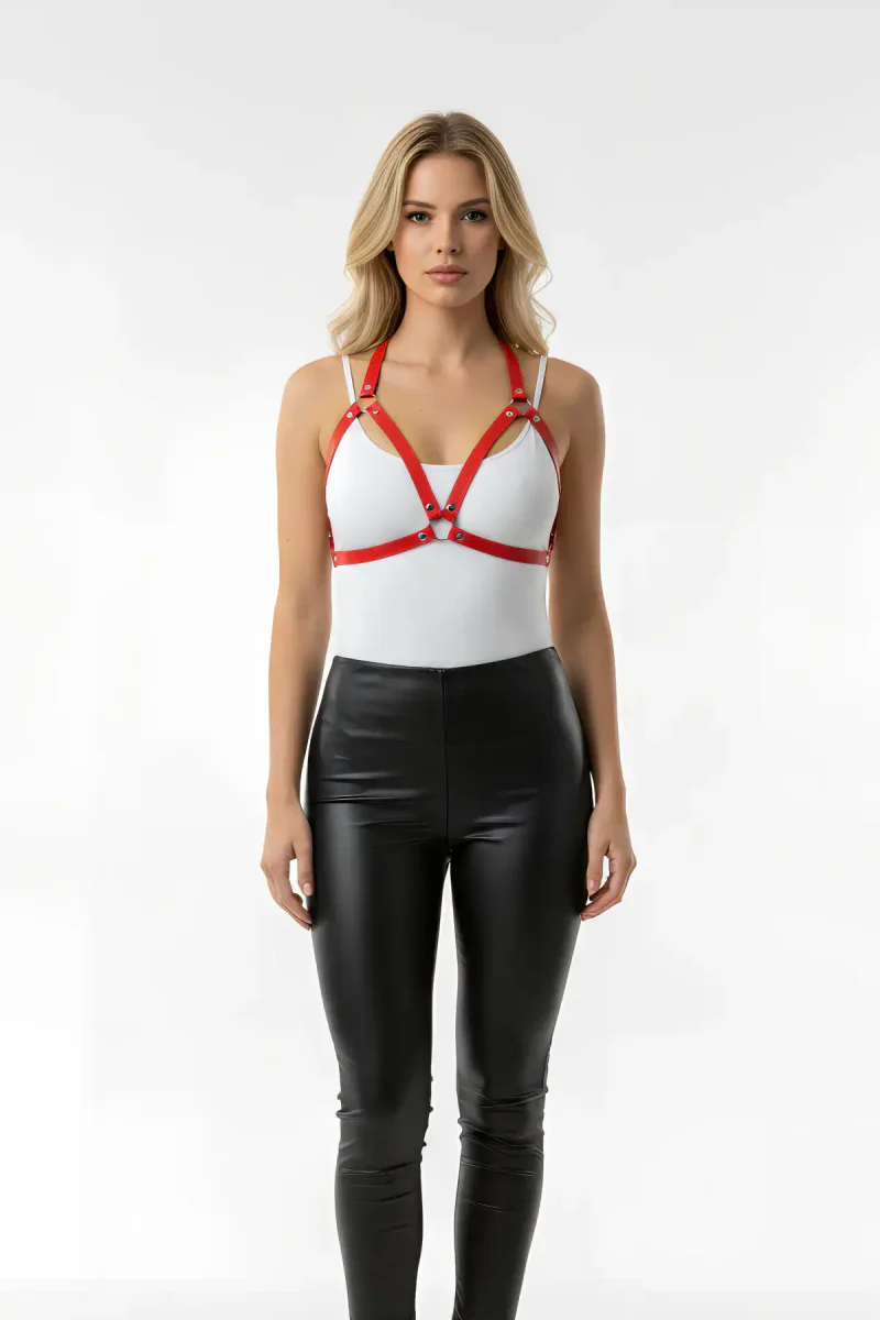 Red Chest Harness Faux Leather with Staple Detail - APFT25