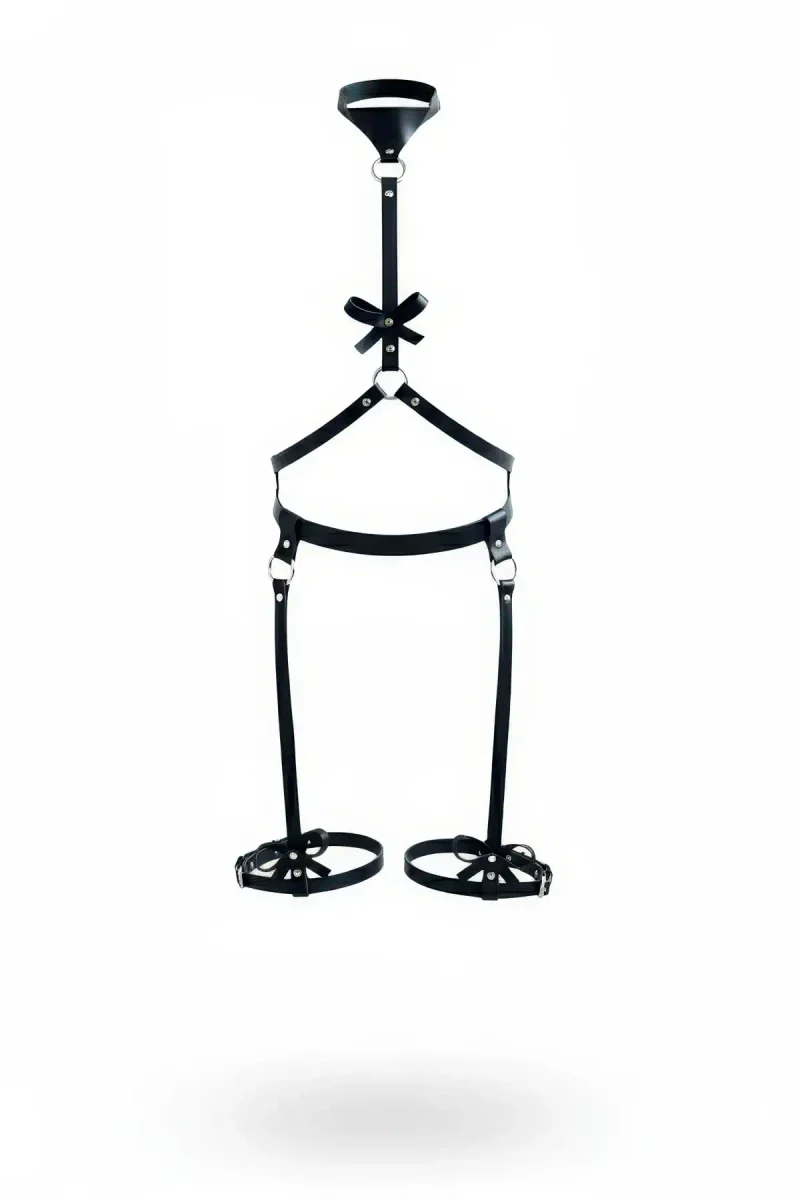 Black Faux Leather Full Body Harness with Neck Collar and Thigh Garters