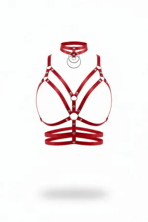 Red Faux Leather Chest Harness with Choker and Silver O-Rings