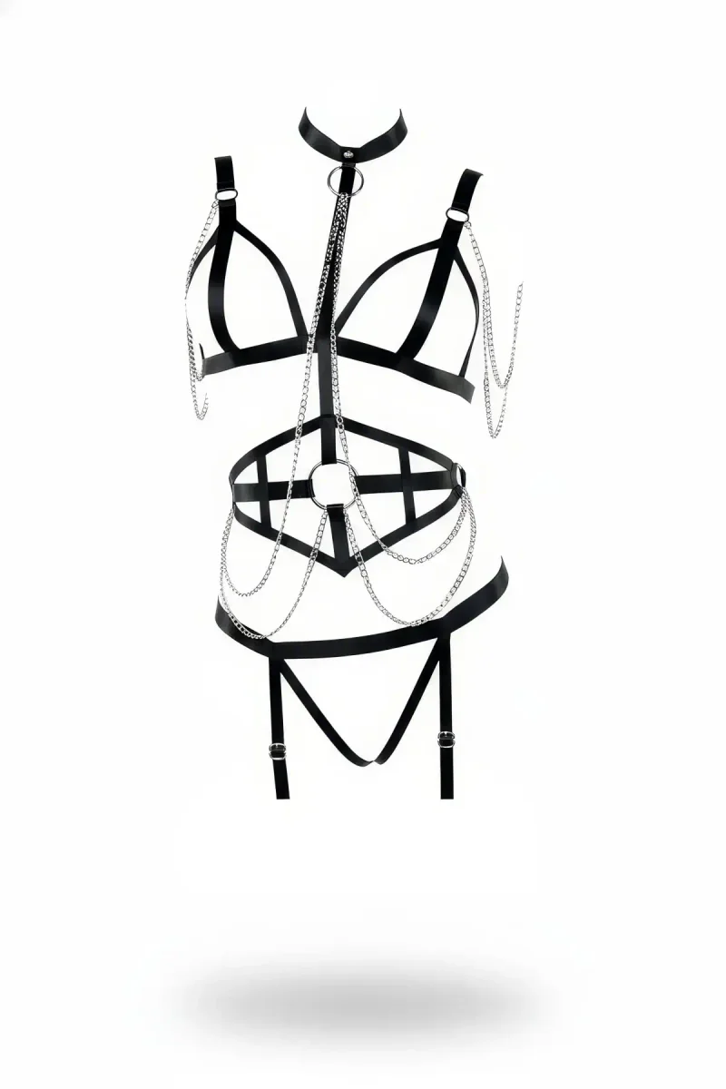Black Faux Leather Full Body Harness with Choker and Draping Silver Chains